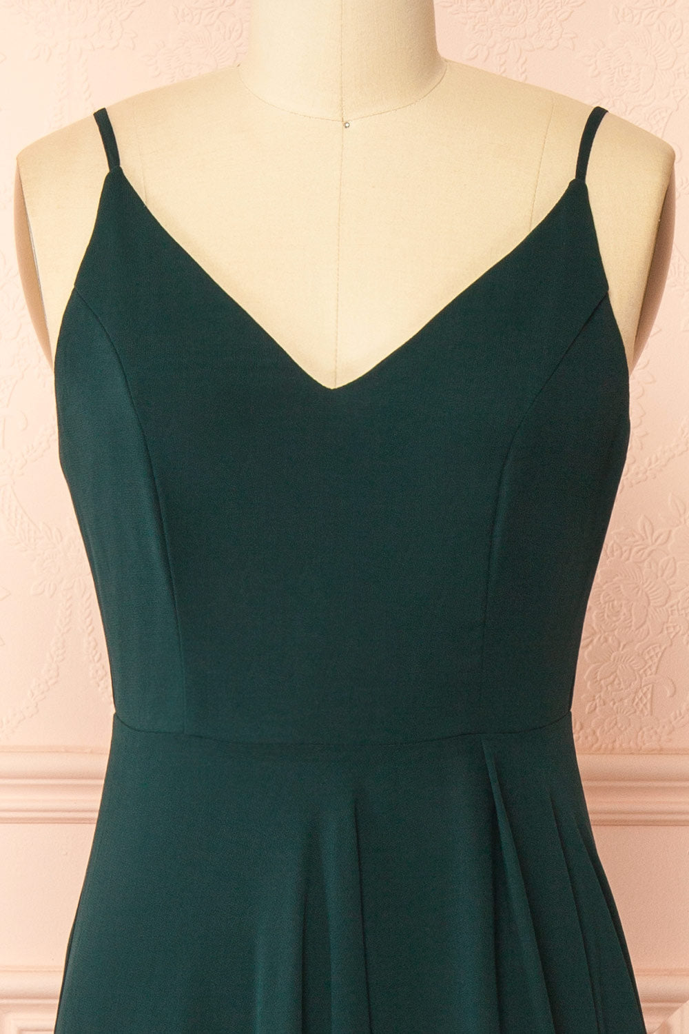 front of mannequin wearing Diana green Exclusive 1861 A-Line Chiffon Dress with Slit from Boutique 1861