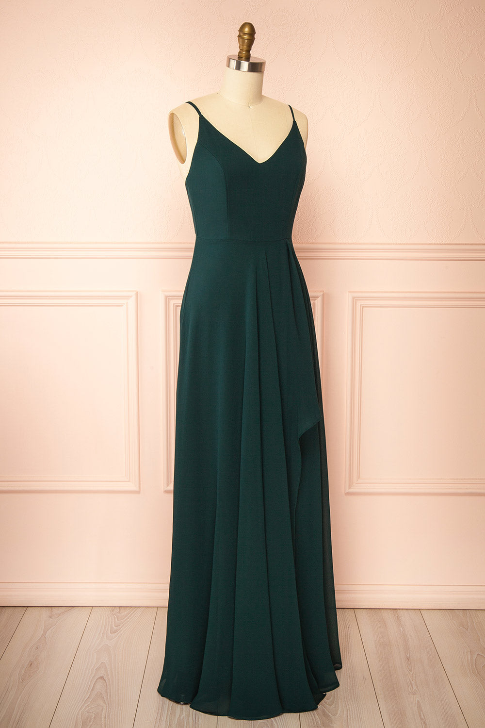 side view of mannequin wearing Diana green Exclusive 1861 A-Line Chiffon Dress with Slit from Boutique 1861