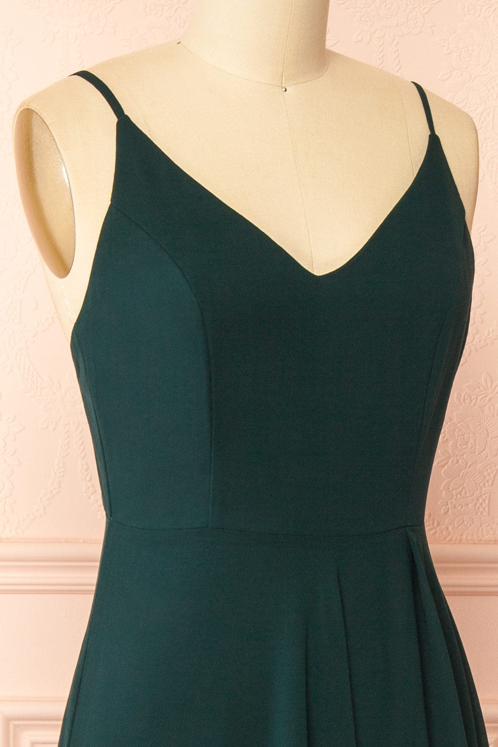 side of mannequin wearing Diana green Exclusive 1861 A-Line Chiffon Dress with Slit from Boutique 1861