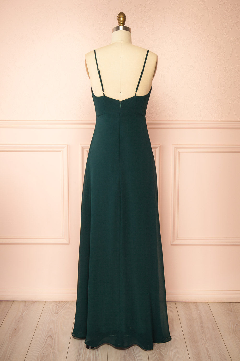 back view of mannequin wearing Diana green Exclusive 1861 A-Line Chiffon Dress with Slit from Boutique 1861