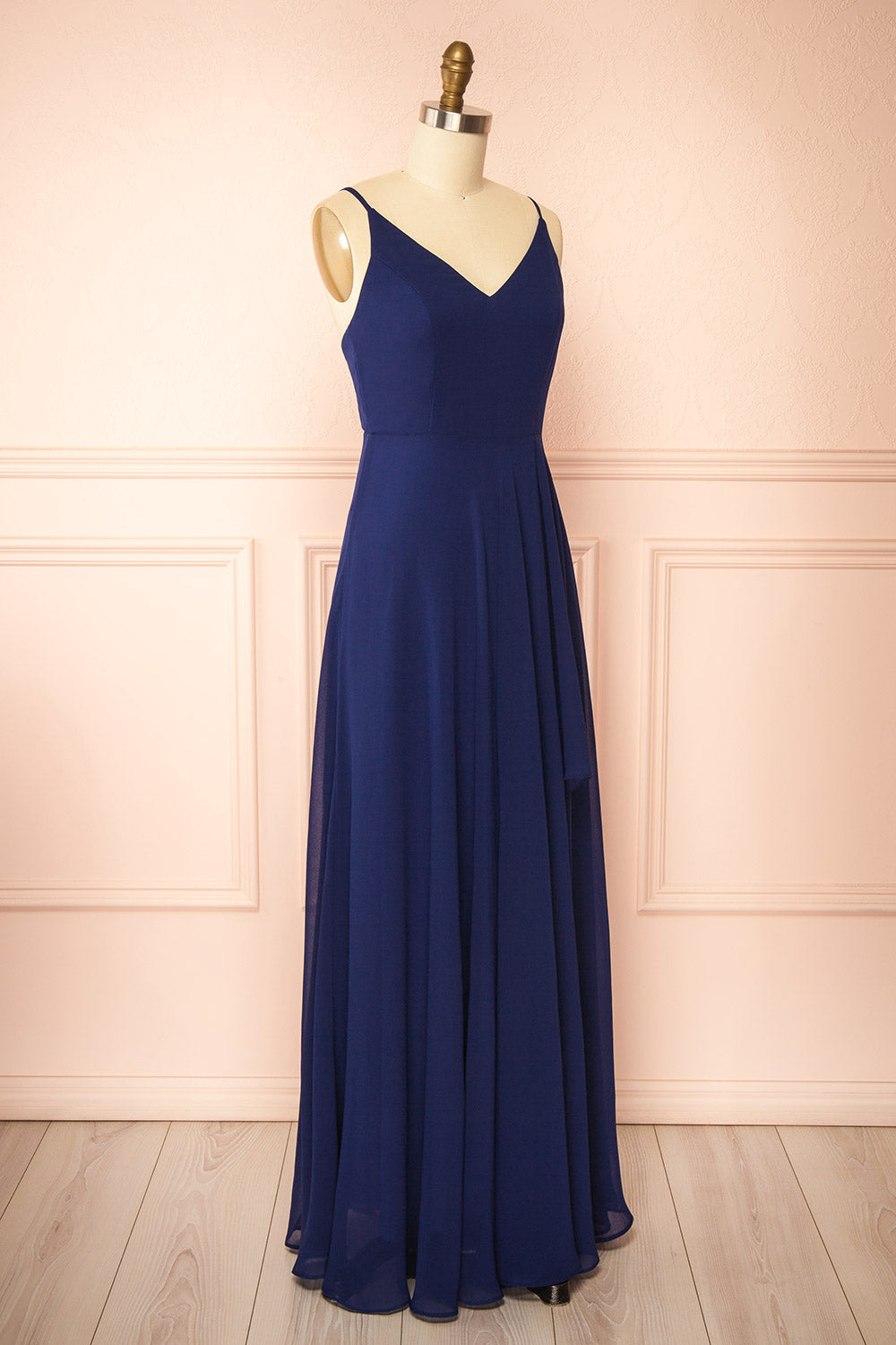 side view of mannequin wearing Diana Navy Exclusive 1861 A-Line Chiffon Dress with Slit from Boutique 1861