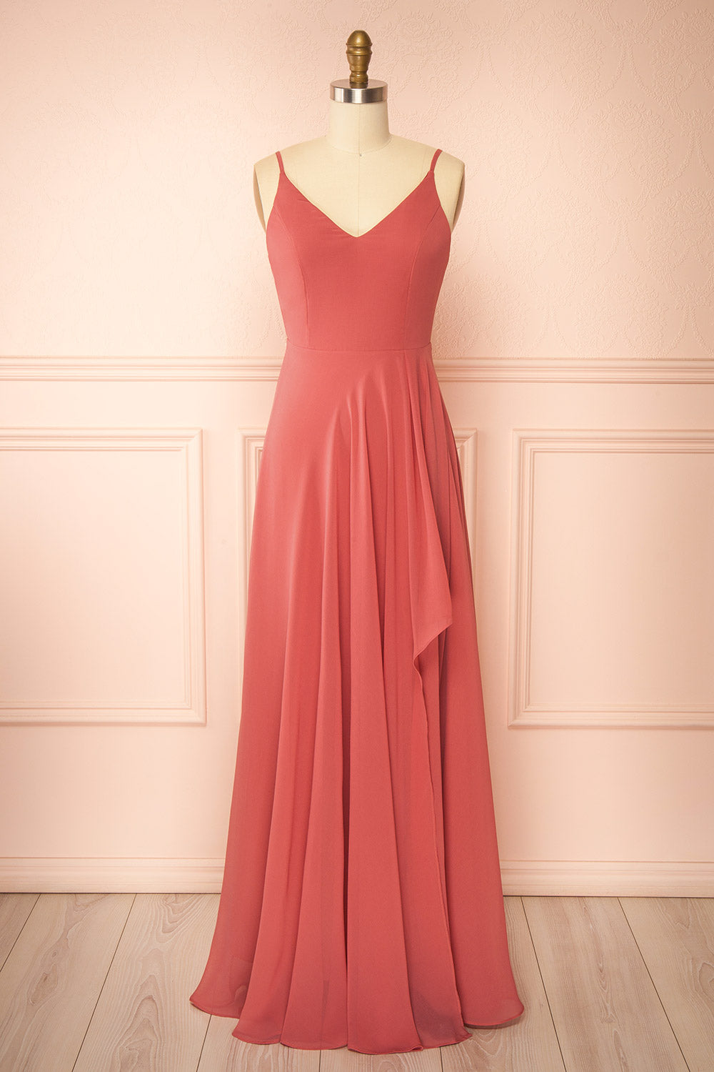 front view of mannequin wearing Diana Pink Exclusive 1861 A-Line Chiffon Dress with Slit from Boutique 1861