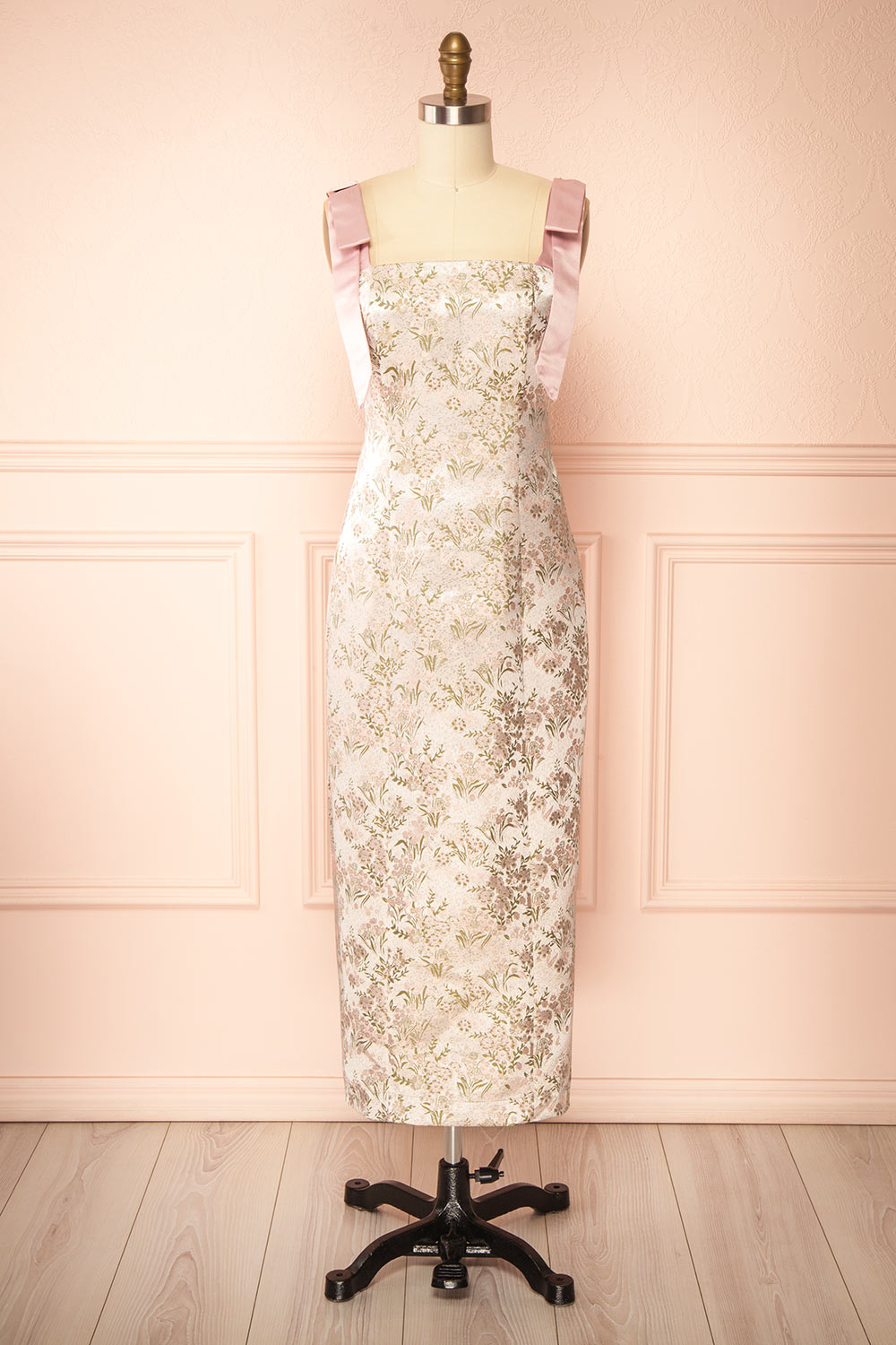 Dianne | Robe Midi Jacquard avec des Bretelles Roses