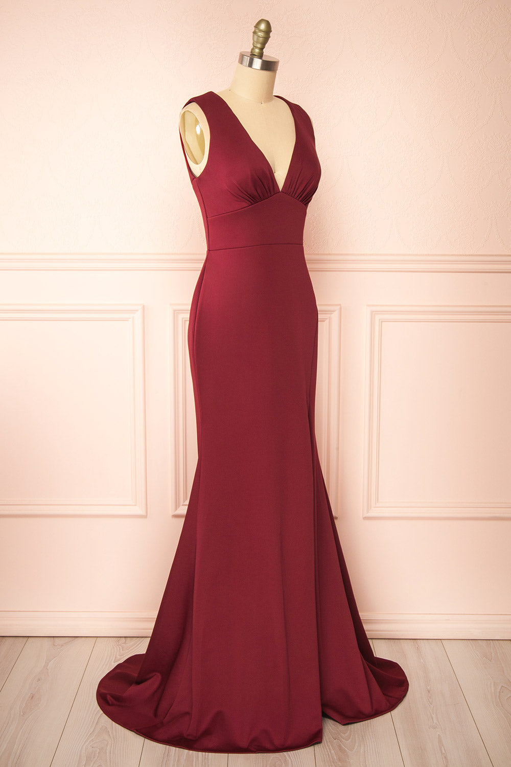 Diaz Burgundy Maxi Dress w/ Train | Boudoir 1861 side view 