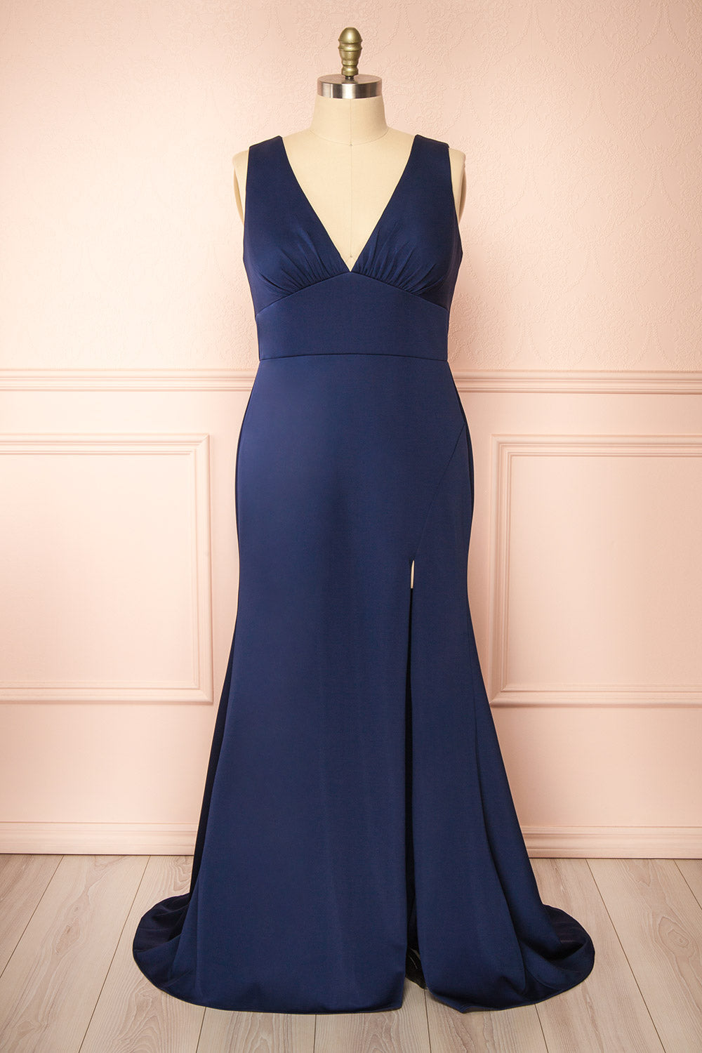 Diaz Navy Maxi Dress w/ Train | Boudoir 1861  front plus size