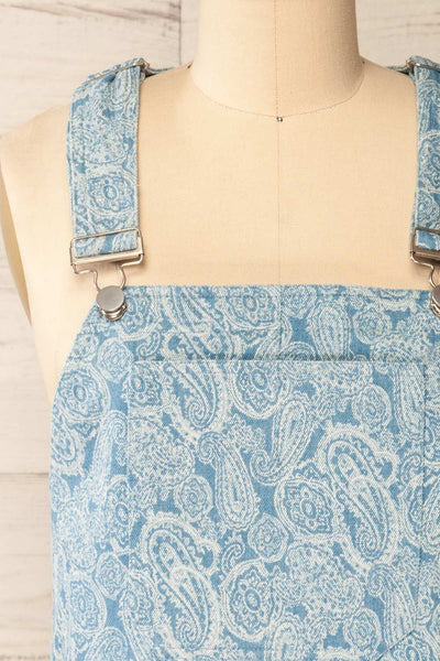 Dika Short Blue Paisley Overall Dress | La petite garçonne front close-up
