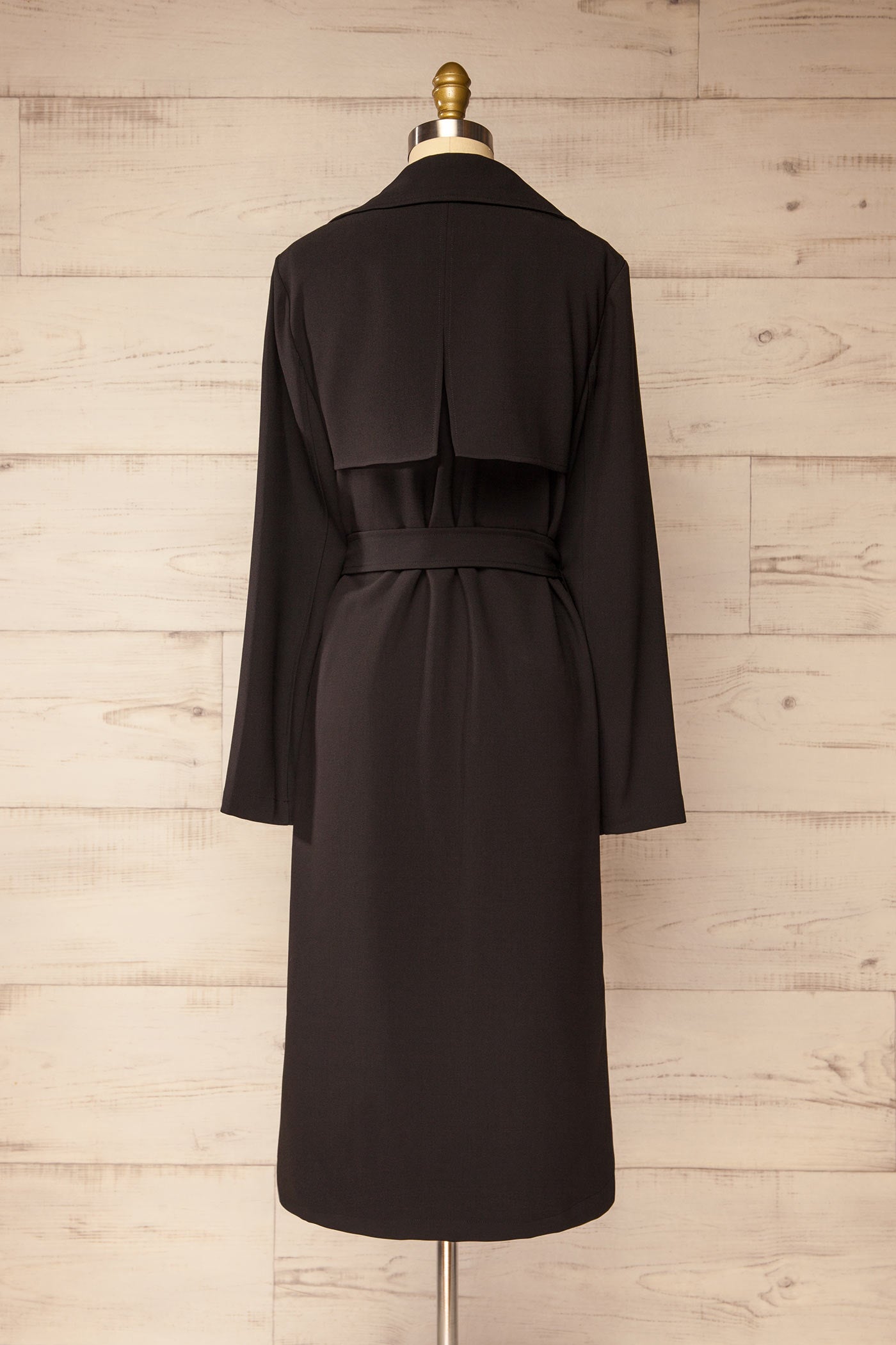 back view Dimitra Black Long Belted Coat with Storm Flaps at La petite garçonne