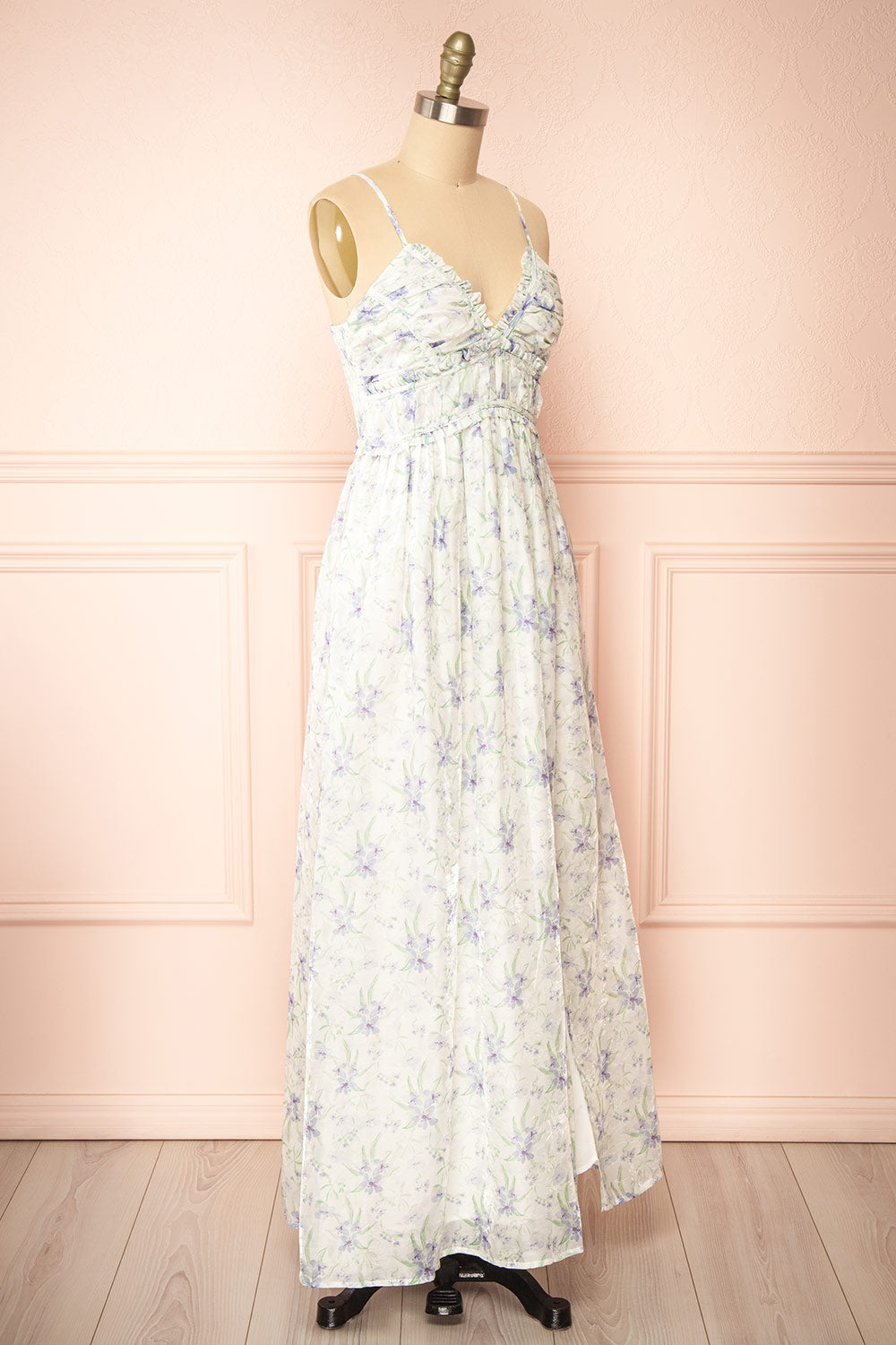 Diurnia Shimmery Maxi Floral Dress w/ V-Neckline | Boutique 1861 side view