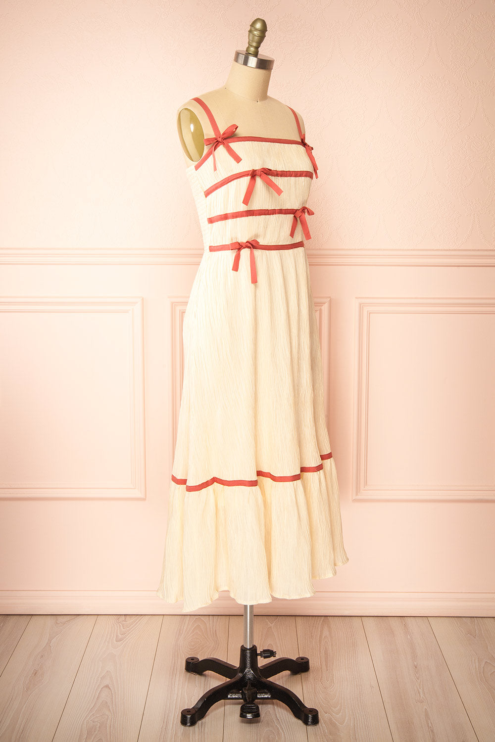 Dixie Beige Pleated Midi Dress w/ Pink Bows | Boutique 1861 side view