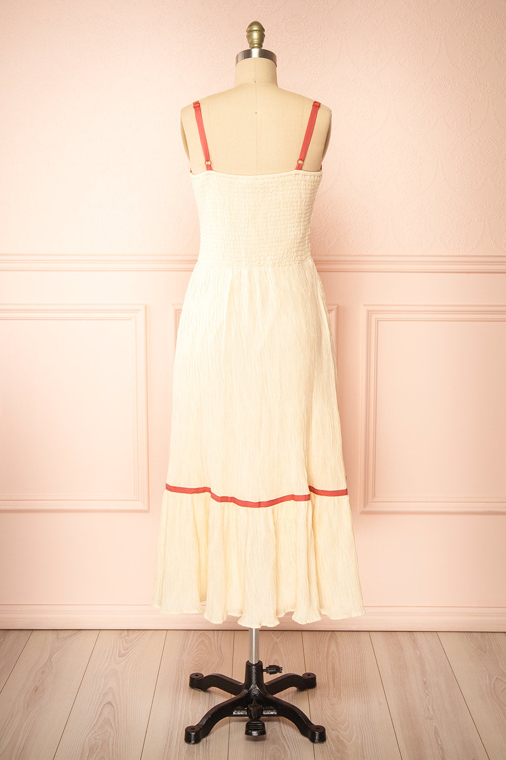 Dixie Beige Pleated Midi Dress w/ Pink Bows | Boutique 1861 back view