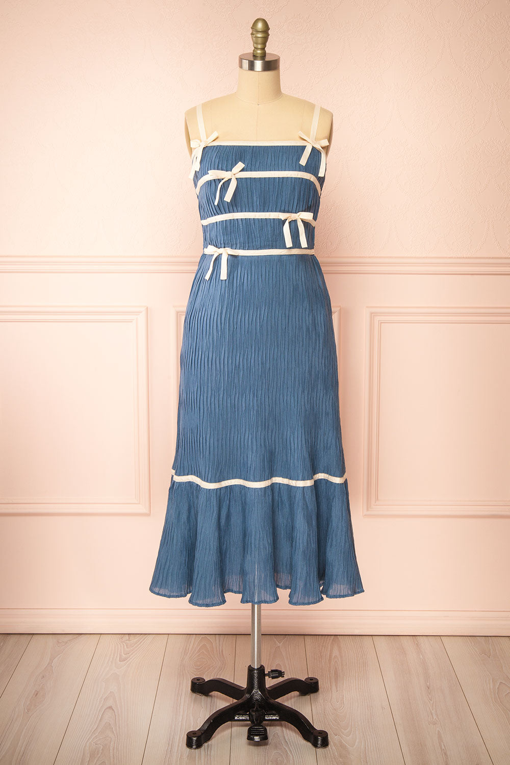 Dixie Blue Pleated Midi Dress w/ Ivory Bows | Boutique 1861 front view