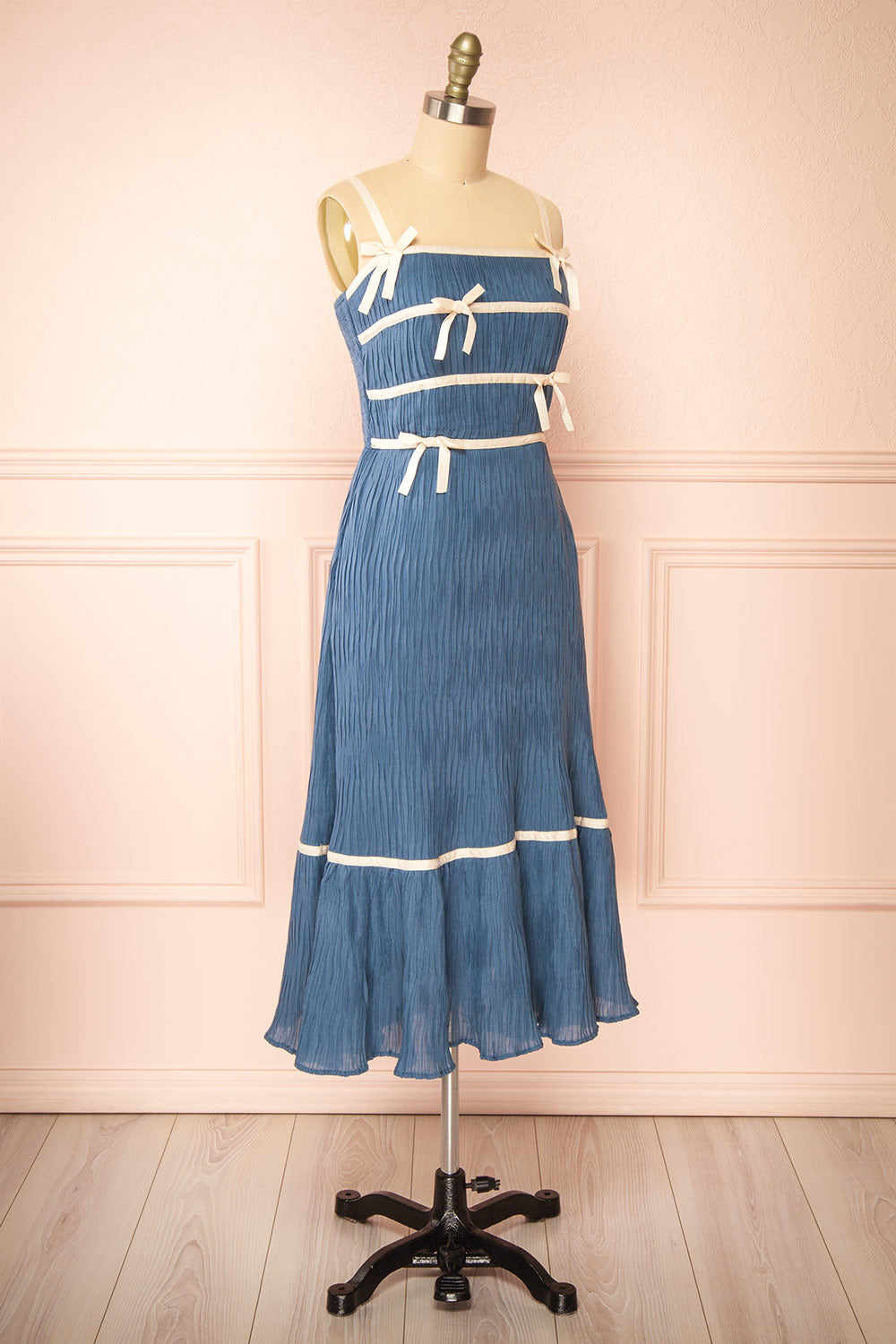 Dixie Blue Pleated Midi Dress w/ Ivory Bows | Boutique 1861 side view