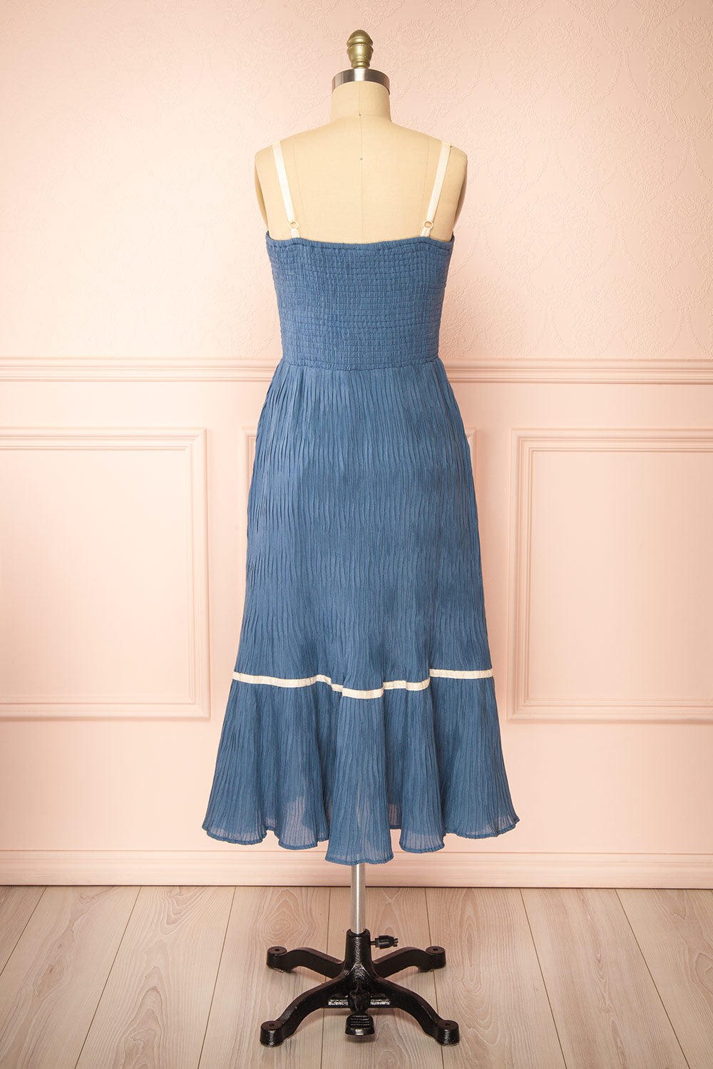 Dixie Blue Pleated Midi Dress w/ Ivory Bows | Boutique 1861 back view