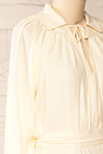 Djibouti Long Sleeve Short Beige Pleated Dress | La petite garçonne side close-up