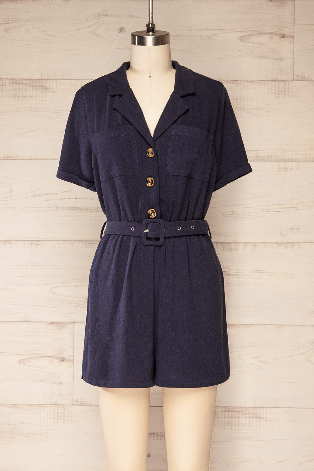 Dobraga Navy Utility Romper w/ Belt | La petite garçonne front view