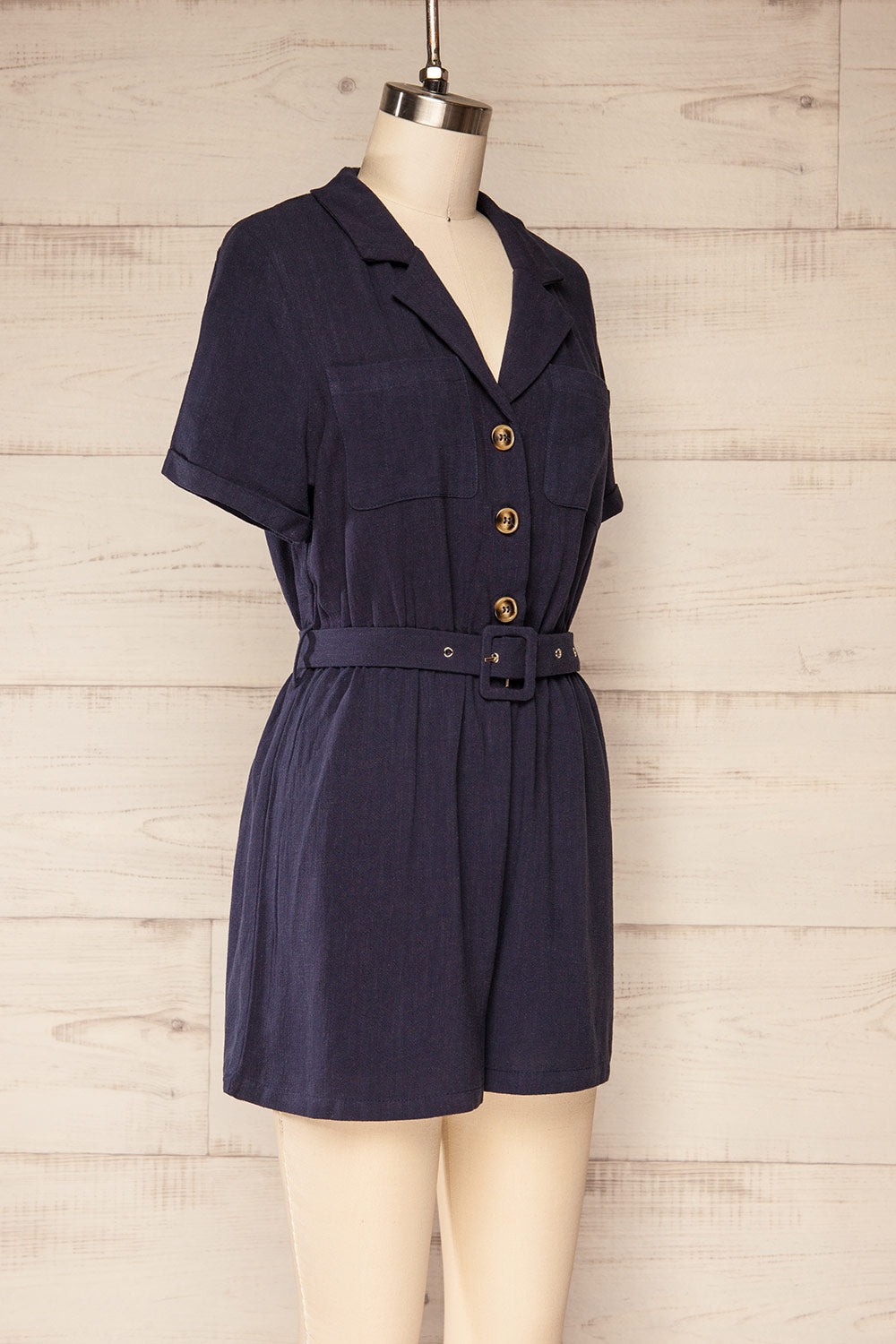 Dobraga Navy Utility Romper w/ Belt | La petite garçonne side view