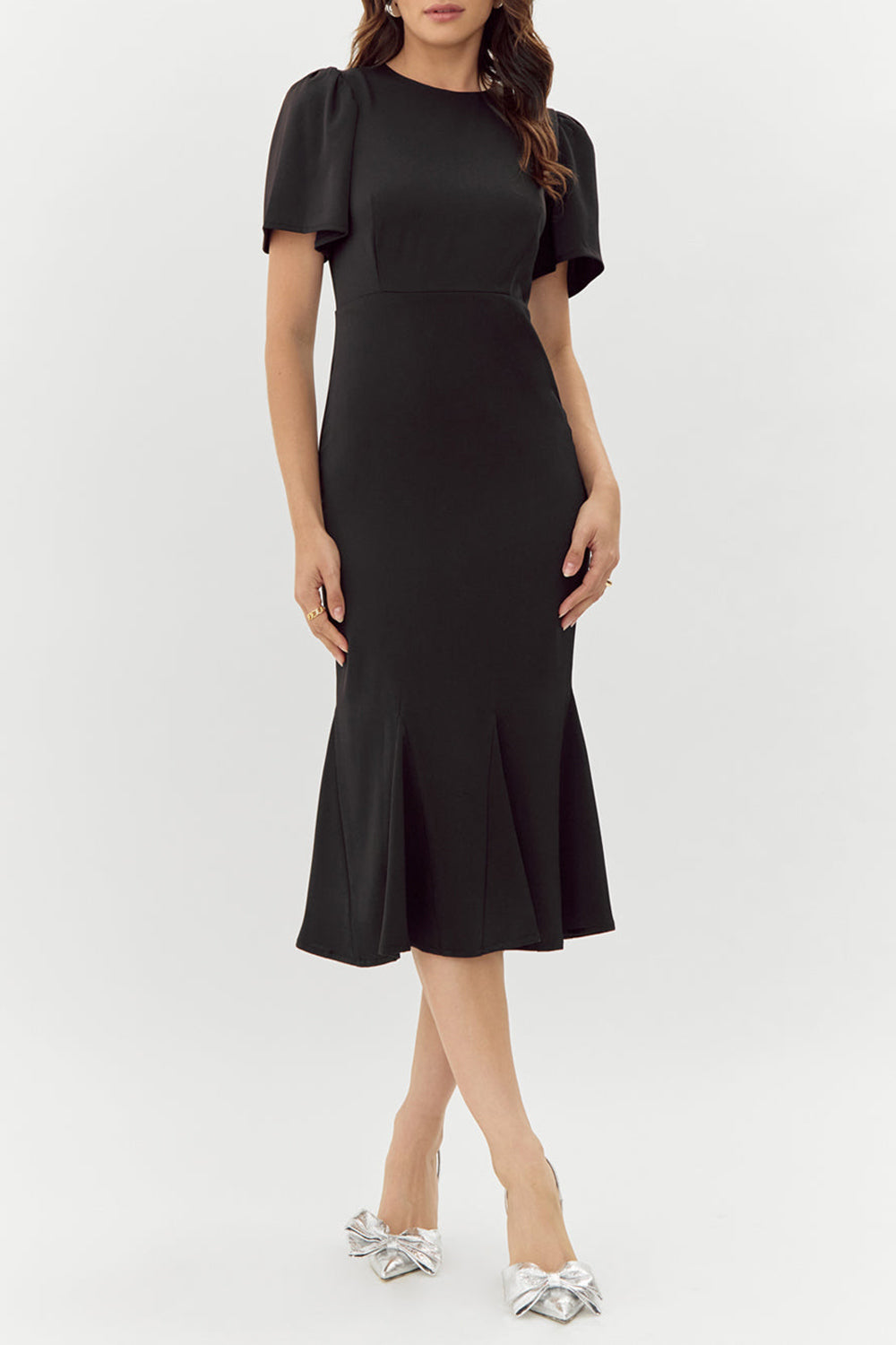 Doreen Long Black Dress w/ Bell Sleeves | Boutique 1861 on model