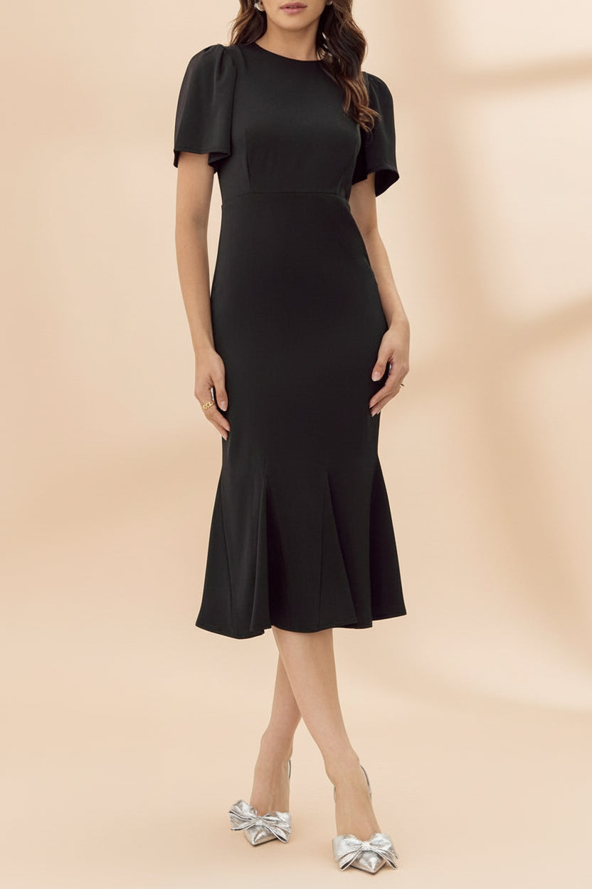 Doreen Long Black Dress w/ Bell Sleeves | Boutique 1861 on model