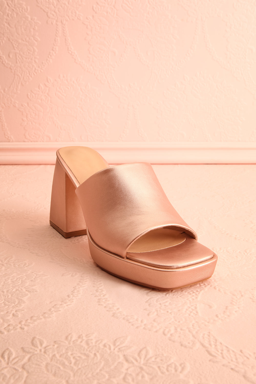 Dorisse Rose Gold Heeled Mules | Boutique 1861 front view