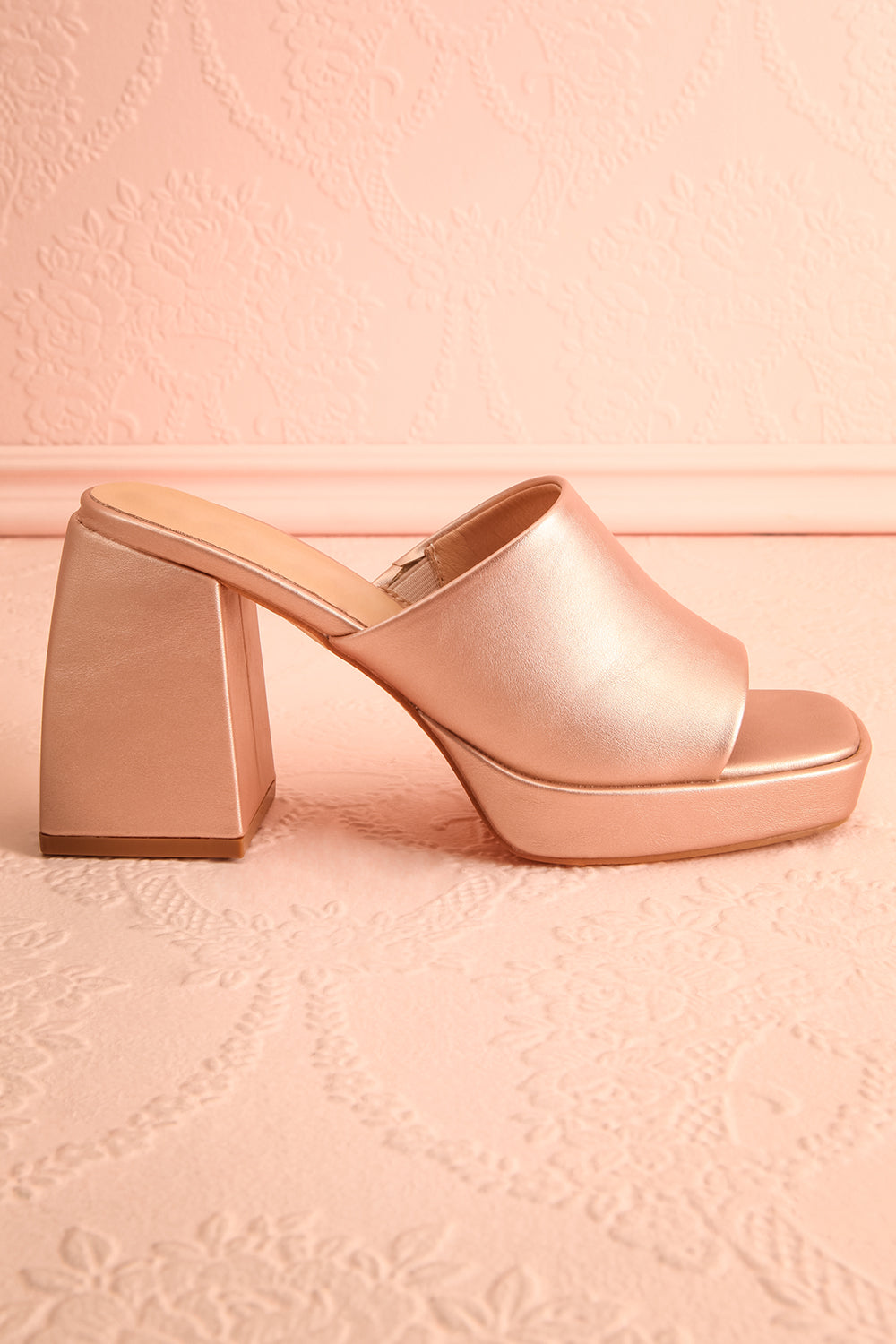 Dorisse Rose Gold Heeled Mules | Boutique 1861 side view