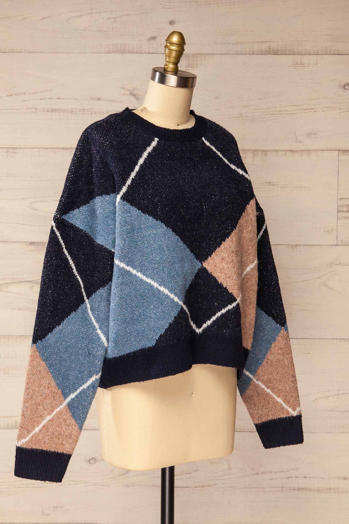 side view of Dubbo Navy Geometric Argyle Knit Sweater at La petite garçonne