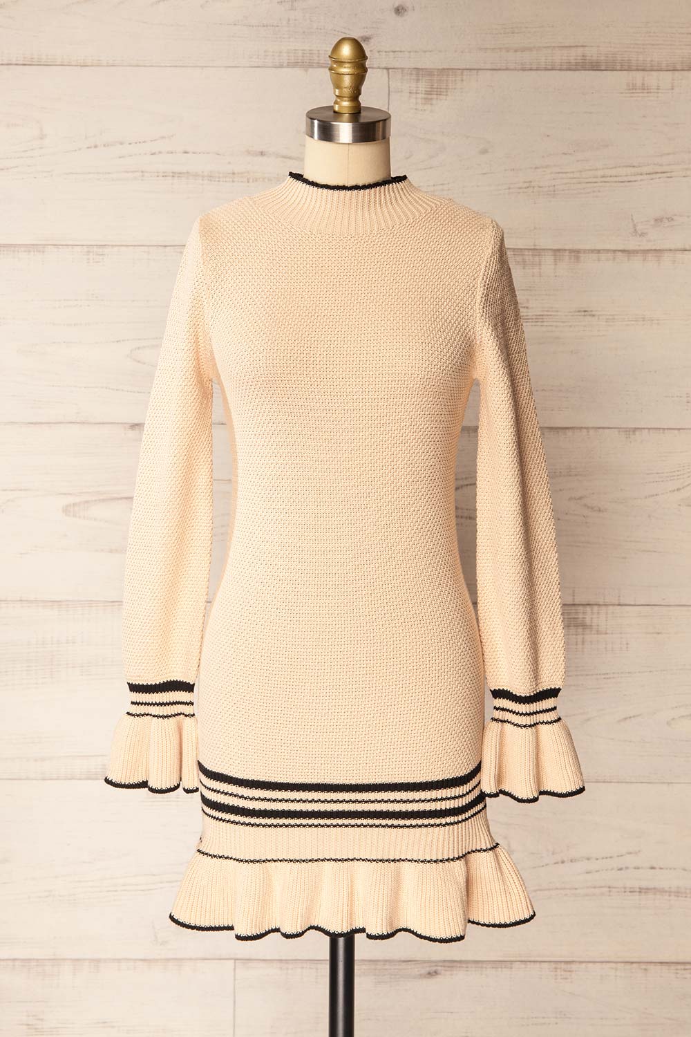 Dublin Fitted Beige Knitted Short Dress | La petite garçonne front view