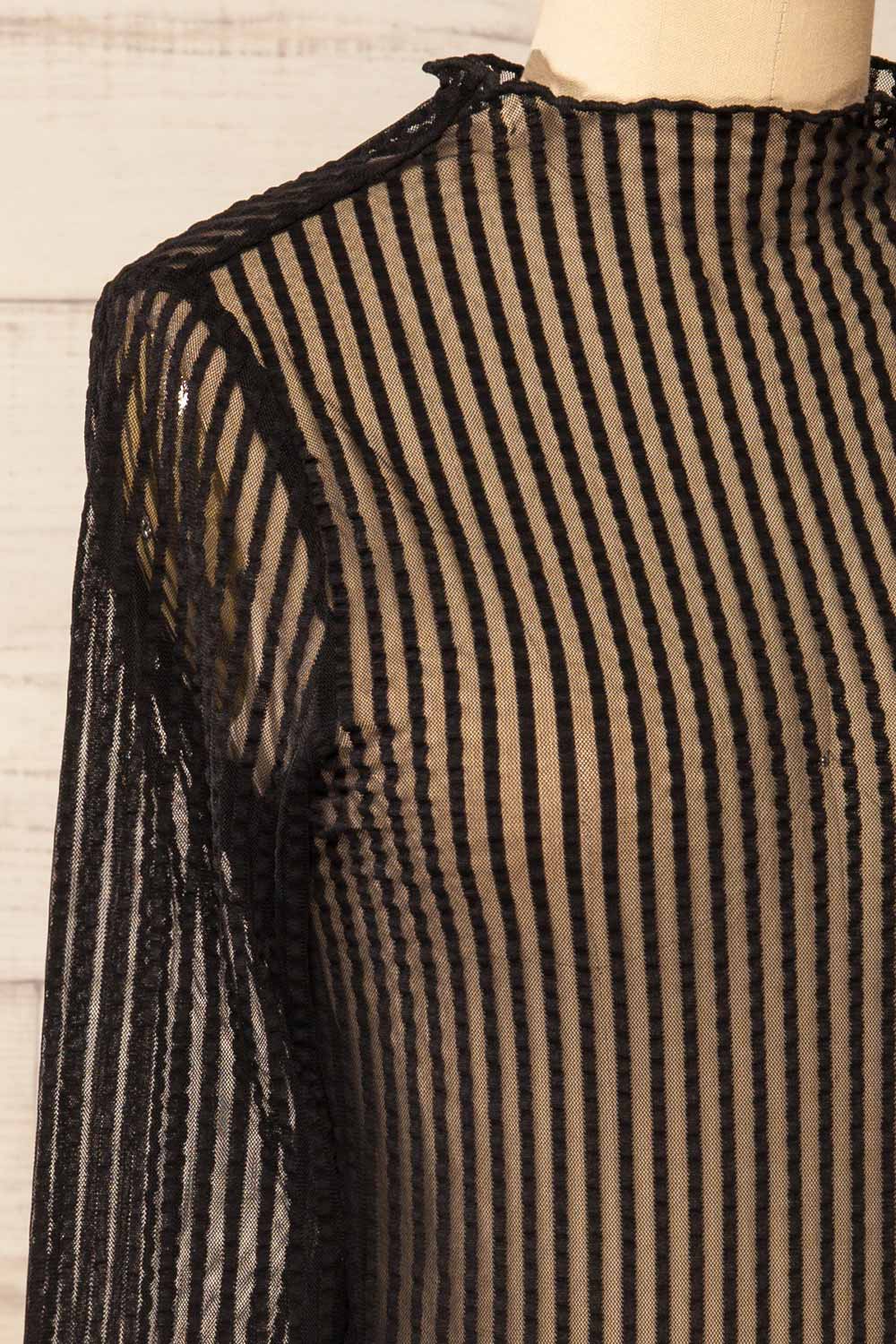 Dubrovnik Ribbed Mesh Long Sleeve Black Top | La petite garçonne side close-up
