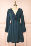 Ebba Green Knot Front Short Dress w/ Long Sleeves | Boutique 1861 front view