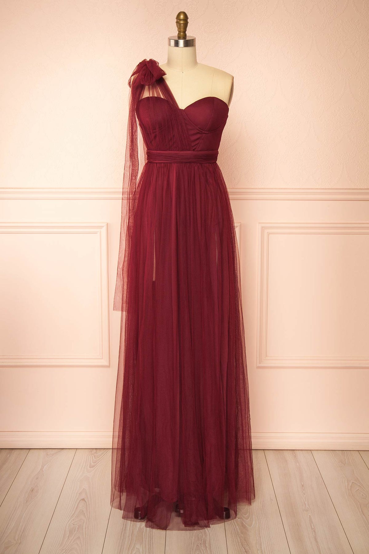 front view of Edalise Burgundy One-Shoulder Tulle Maxi Dress with Front Slits at Boutique 1861