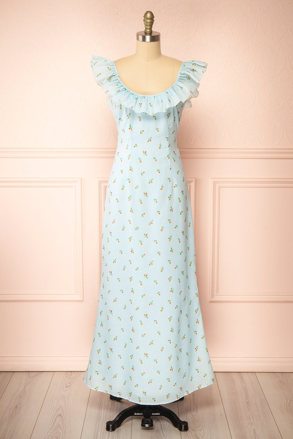 Eddie Blue Long Dress w/ Floral Print | Boutique 1861 front view