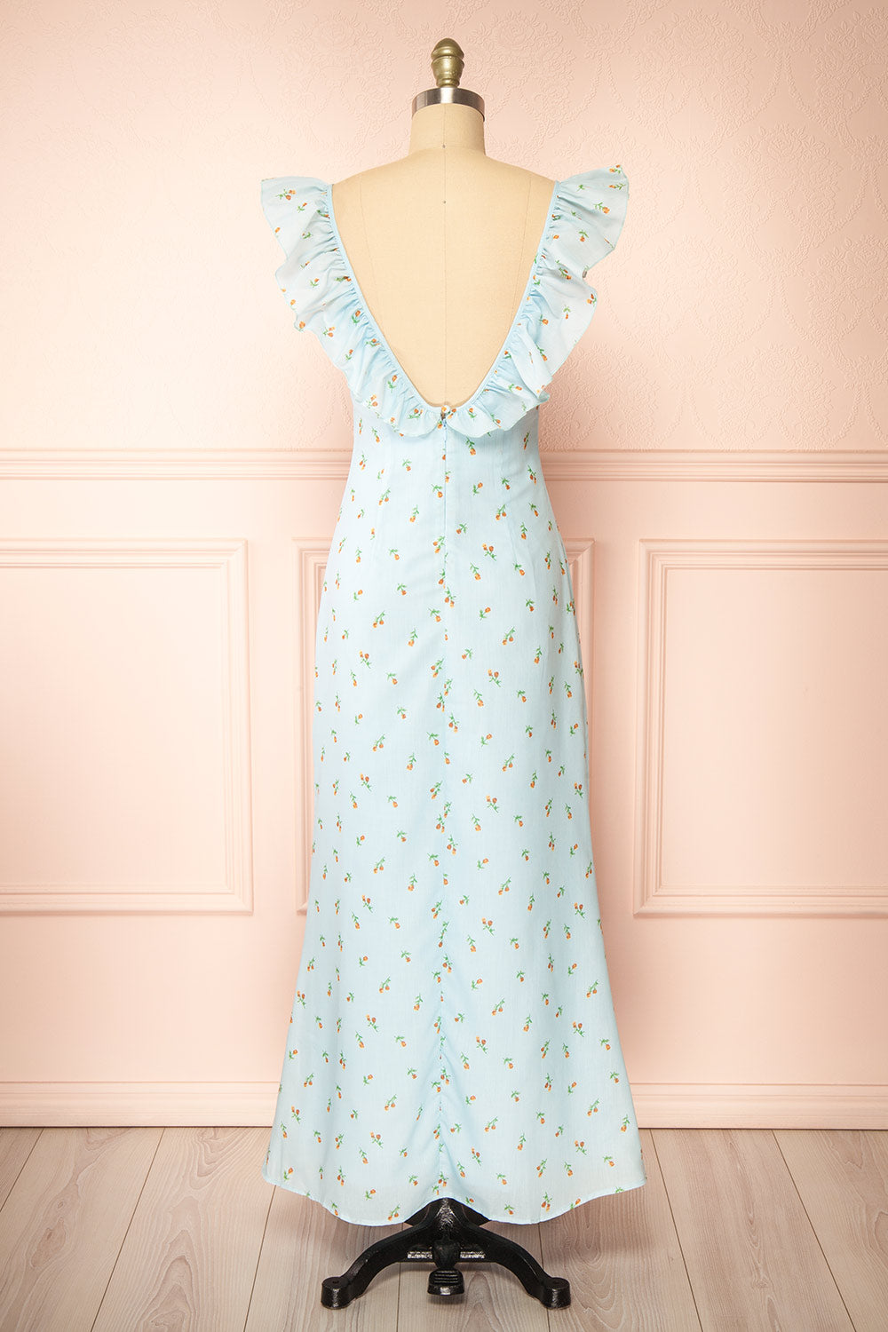Eddie Blue Long Dress w/ Floral Print | Boutique 1861 back view