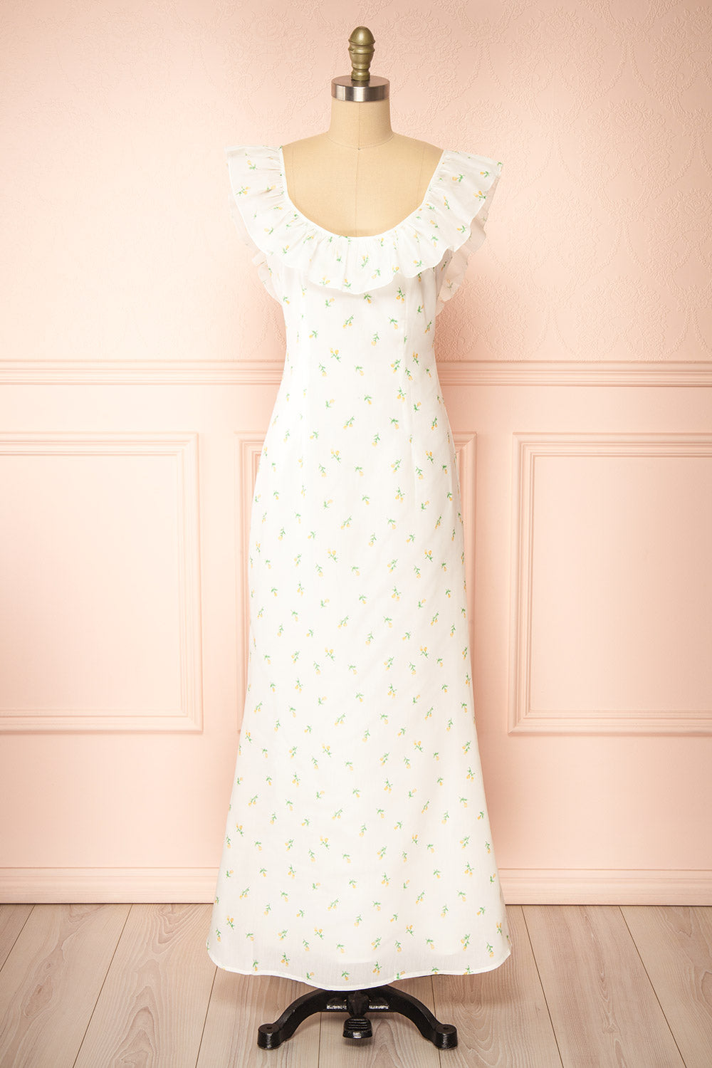 Eddie White Long Dress w/ Floral Print | Boutique 1861 front view 