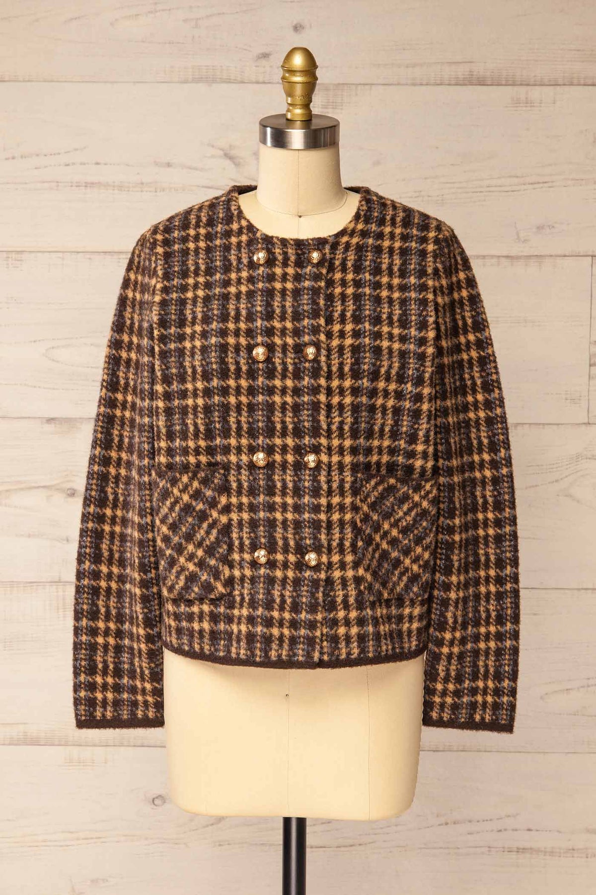 front view of Edelmond Double-Breasted Plaid Jacket at La petite garçonne
