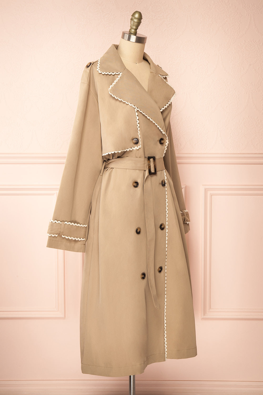 Edgware Lace Trim Beige Trench Coat | Boutique 1861 side view