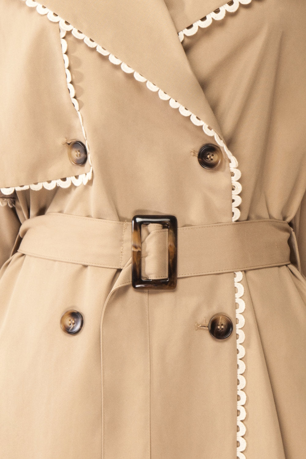 Edgware Lace Trim Beige Trench Coat | Boutique 1861 belt close-up