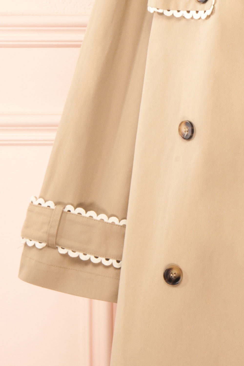 Edgware Lace Trim Beige Trench Coat | Boutique 1861 sleeve