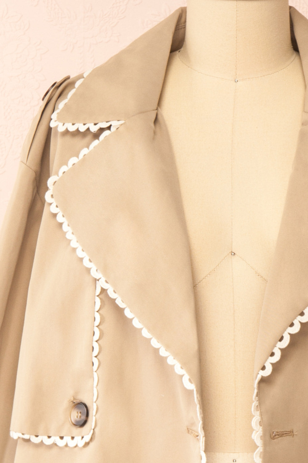 Edgware Lace Trim Beige Trench Coat | Boutique 1861 open close-up