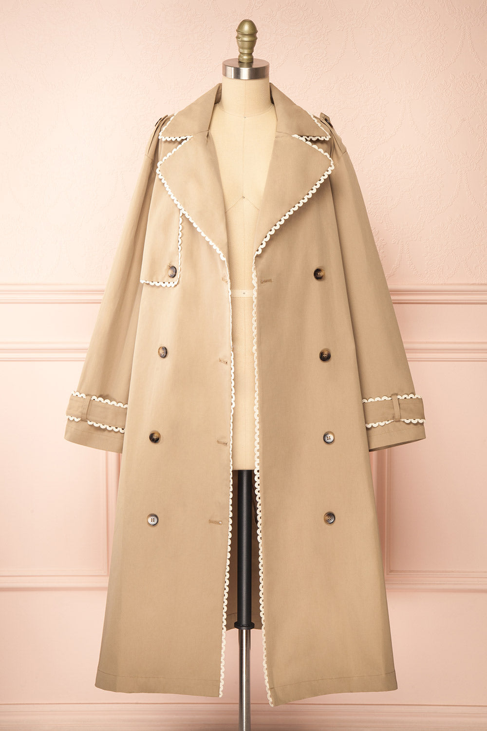 Edgware Lace Trim Beige Trench Coat | Boutique 1861 open view