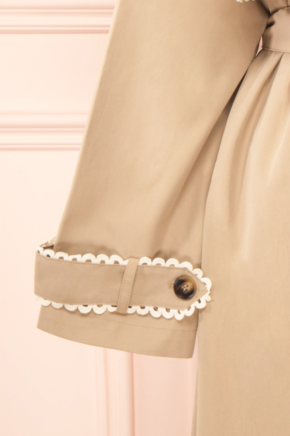 Edgware Lace Trim Beige Trench Coat | Boutique 1861 sleeve close-up