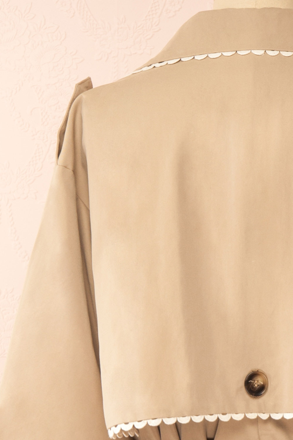 Edgware Lace Trim Beige Trench Coat | Boutique 1861 back close-up