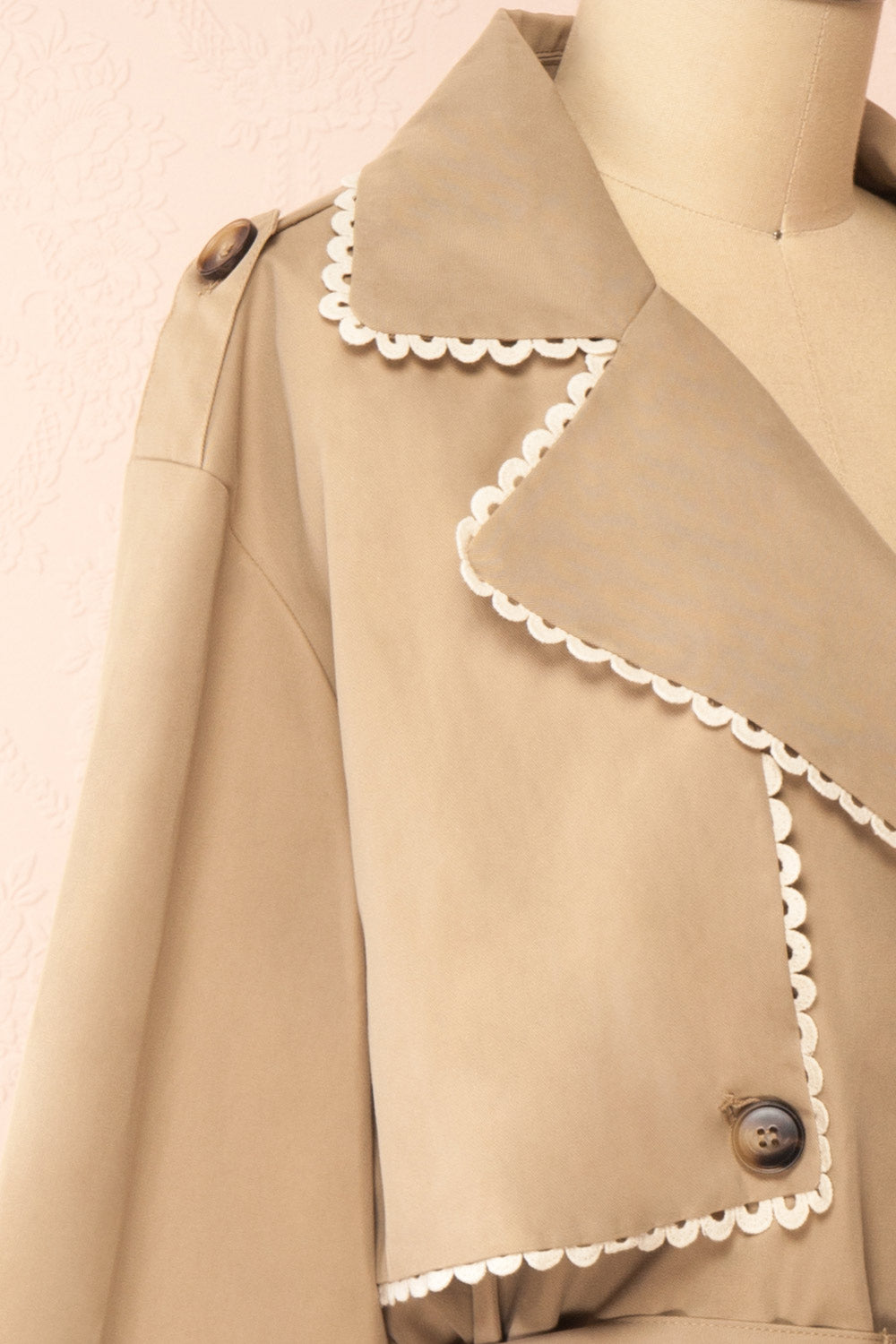 Edgware Lace Trim Beige Trench Coat | Boutique 1861 side close-up