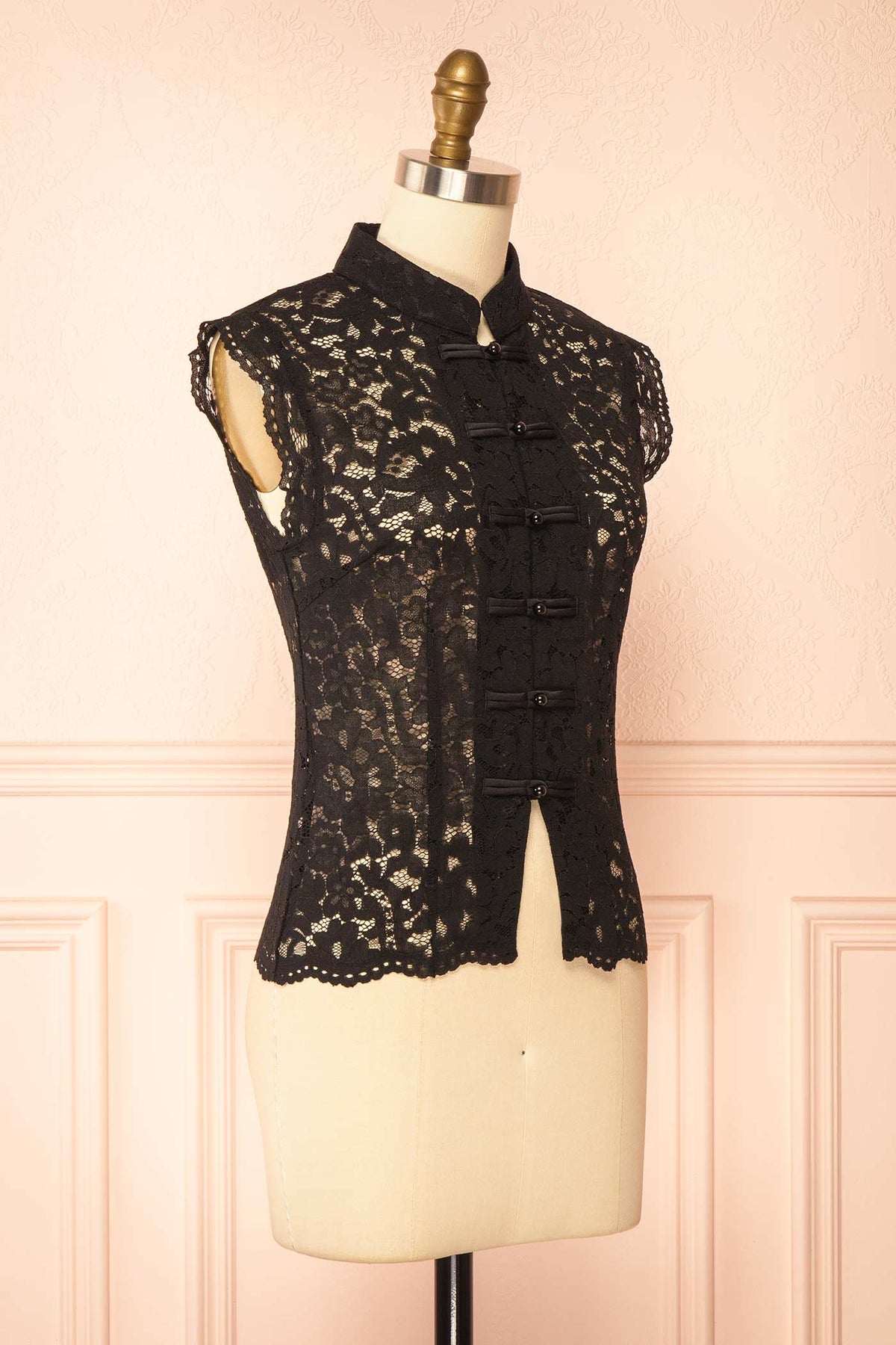 side view of Edmai Black Sleeveless Lace Top with Collar at Boutique 1861