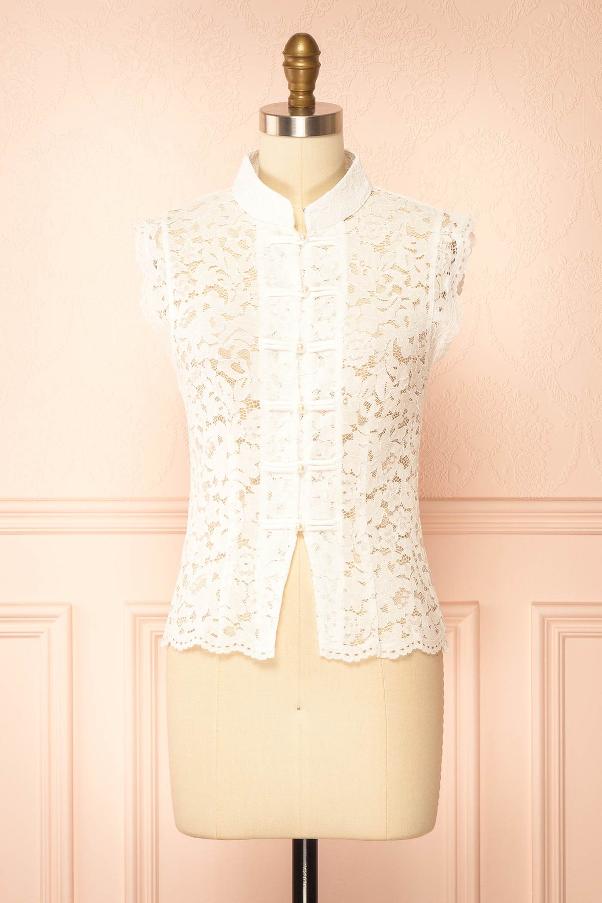 front view of Edmai White Sleeveless Lace Top with Collar at Boutique 1861