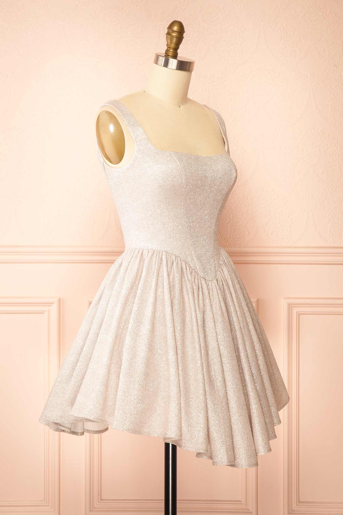 Edmida Champagne Glitter Corset Basque Waist Mini Dress | Boutique 1861 side 