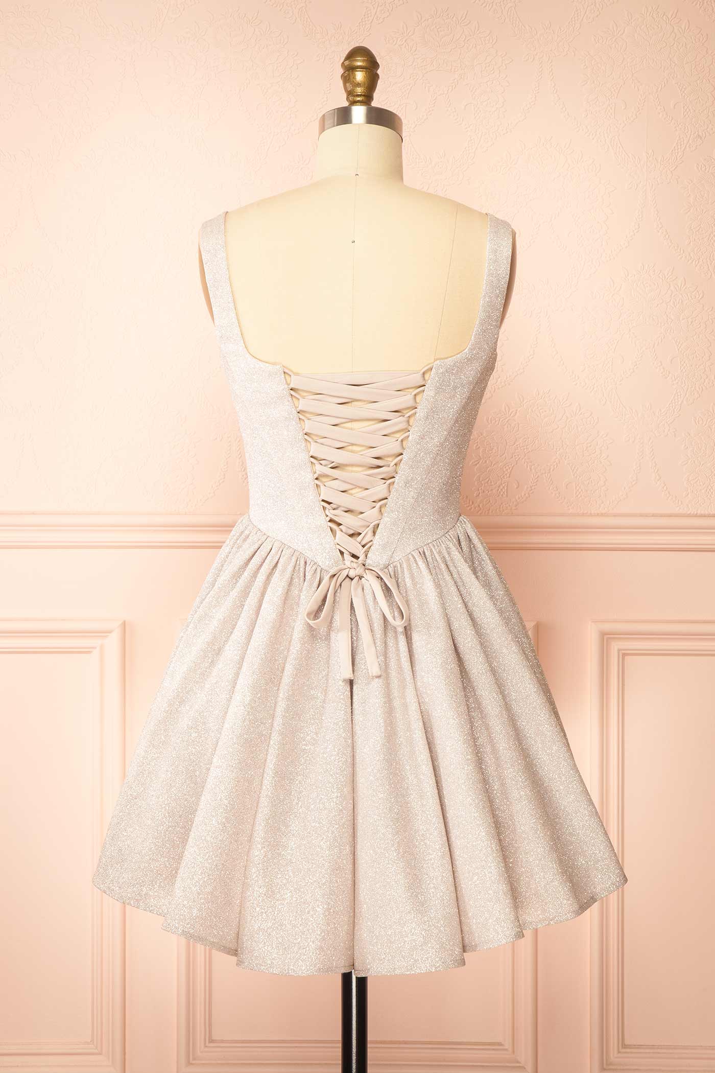 Edmida Champagne Glitter Corset Basque Waist Mini Dress | Boutique 1861 back 