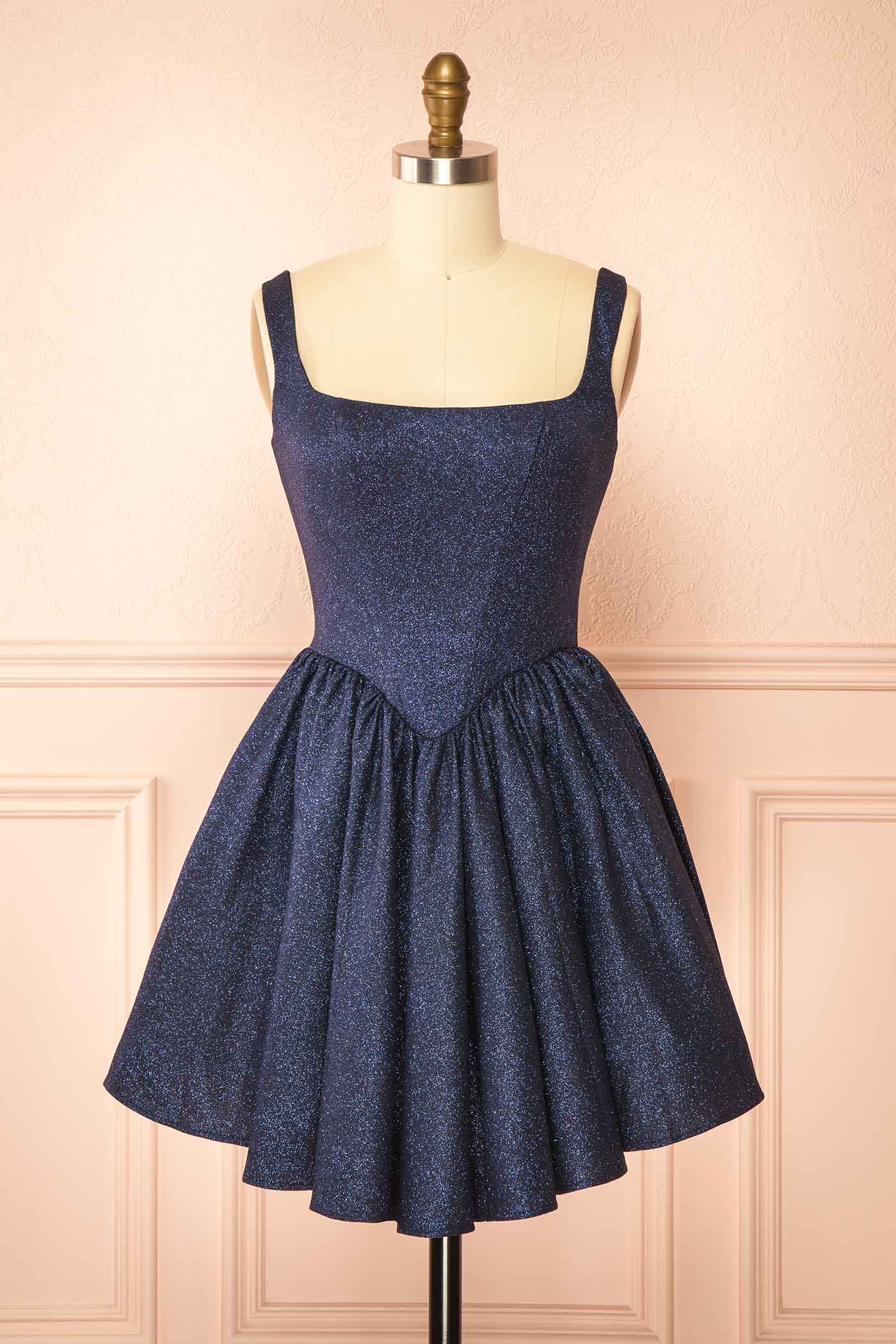 Edmida Navy Glitter Corset Basque Waist Mini Dress | Boutique 1861 front 