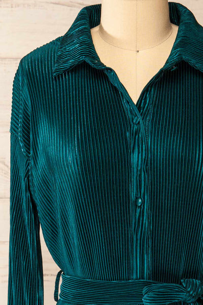 Edmonton Dark Green Ribbed Dress w/ Long Sleeves | La petite garçonne front close-up