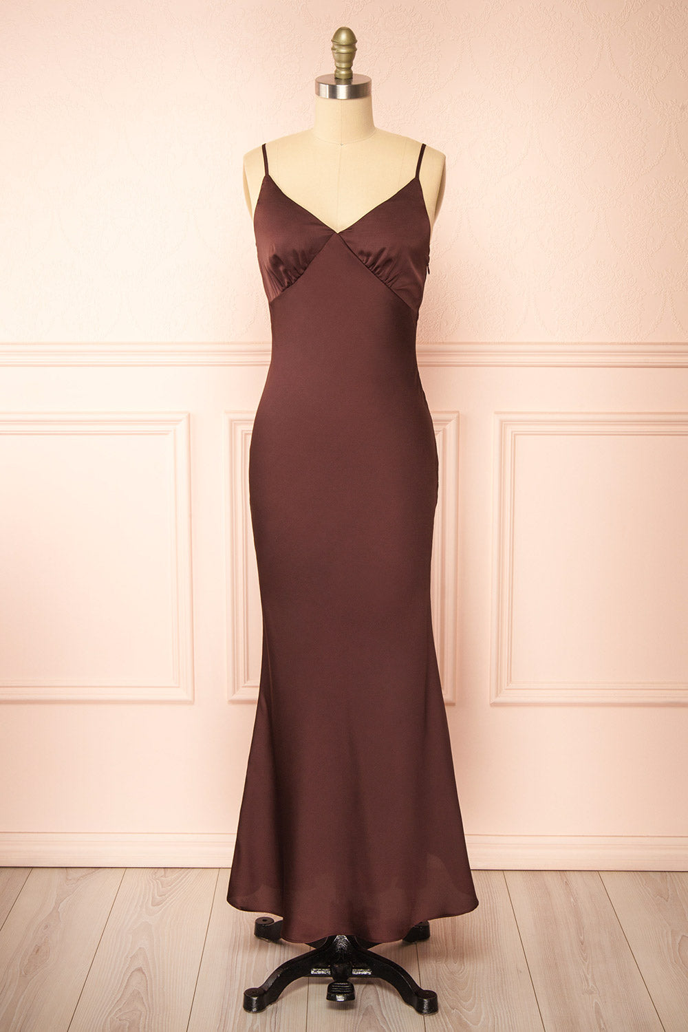 Edna Brown Maxi Satin Dress w/ Open Back | Boutique 1861 front view