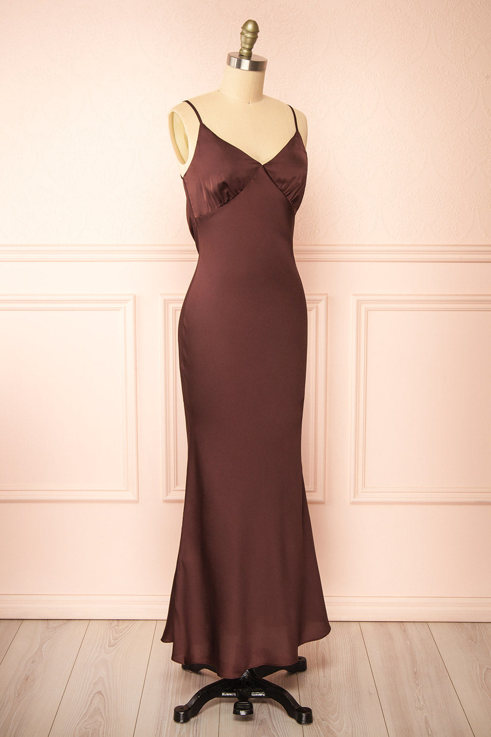 Edna Brown Maxi Satin Dress w/ Open Back | Boutique 1861 side view