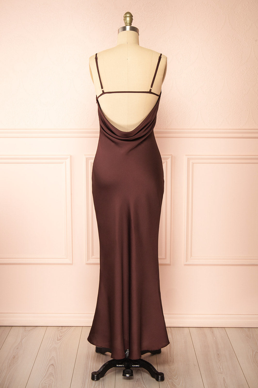 Edna Brown Maxi Satin Dress w/ Open Back | Boutique 1861 back view